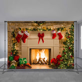 Aperturee - Warm White Fireplace Red Bow Christmas Backdrop